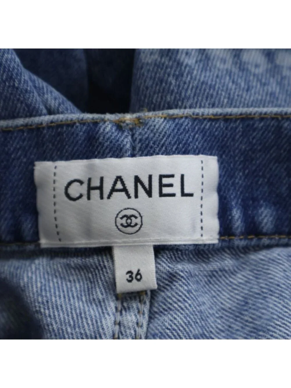Chanel CC Logo Pearl Print Wide Leg Denim CC Leg All Over Pattern Zip Fly Long